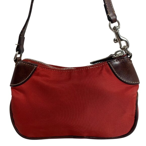 Dooney Bourke Red Nylon Brown Leather Wallet Handbag Wristlet DB Silver Logo - Picture 5 of 8